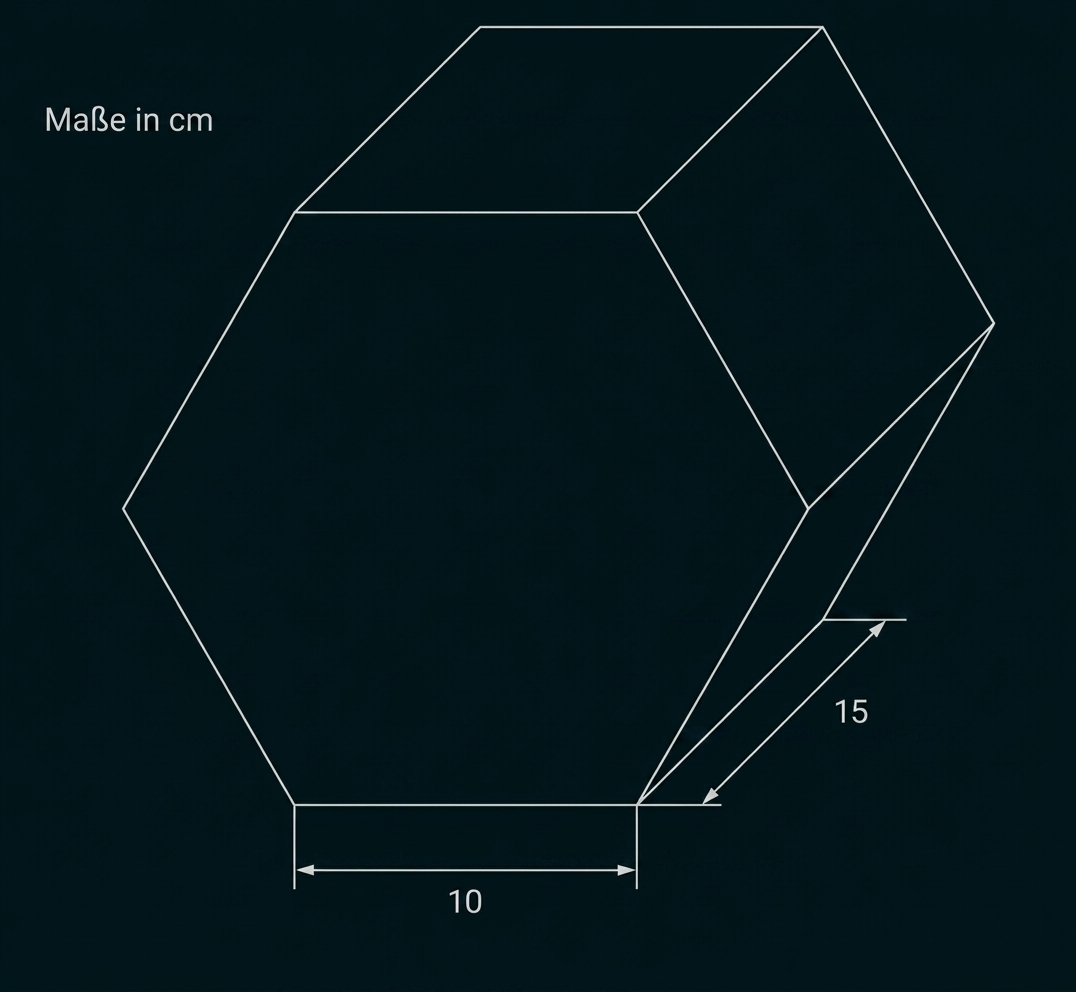 Sechseckige geometrische Figur mit Maßangaben in cm, darunter 10 und 15.